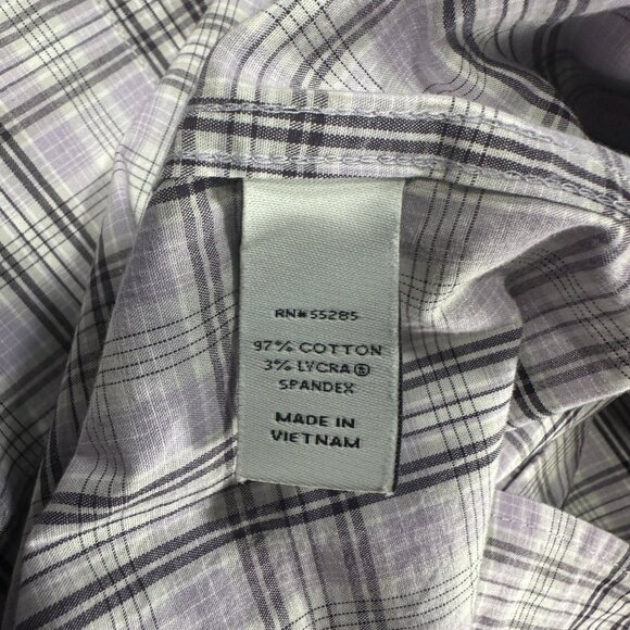 Express Shirt Mens Large Fitted Button Up Purple Stretch Plaid Roll Tab Sleeve - Picture 8 of 10